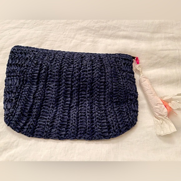 Shiraleah Navy Rio Zip Pouch Clutch Handbag w/ White Pink And Coral Pompoms NWT - Picture 3 of 6